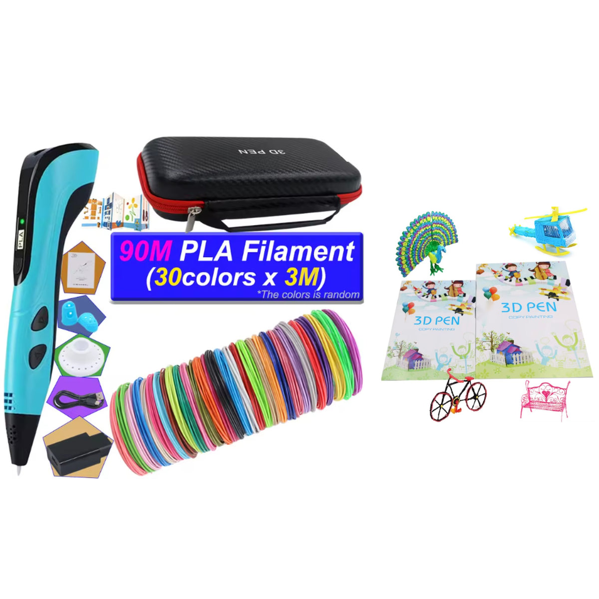 Volalink 3D pen in blue with 90 m of filament, travel case and 40-design book