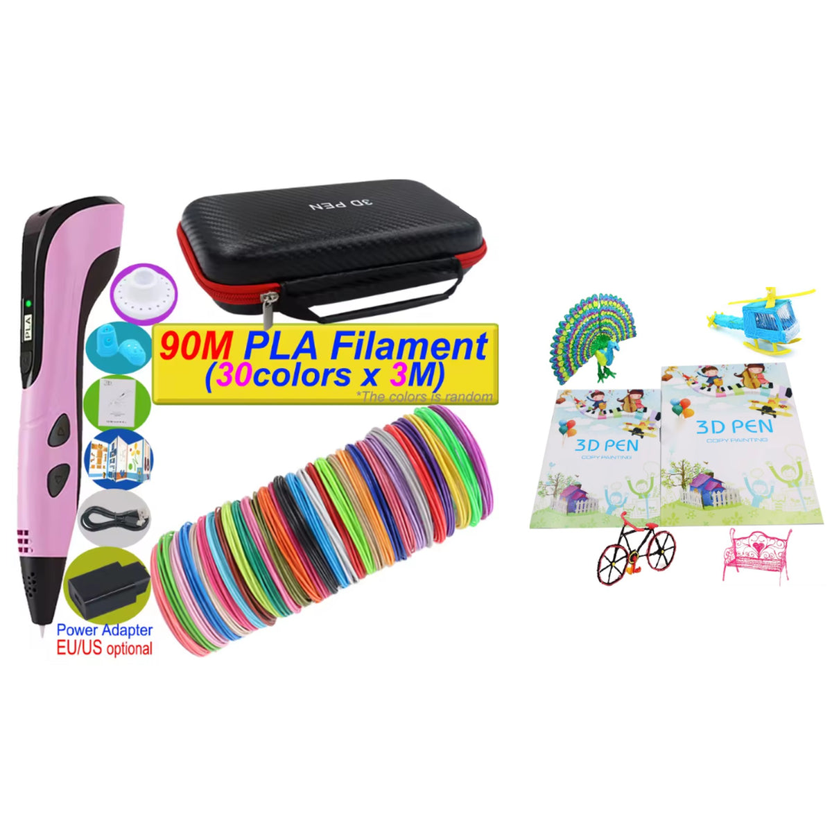 Volalink 3D pen in pink with 90 m of filament, travel case and 40-design book